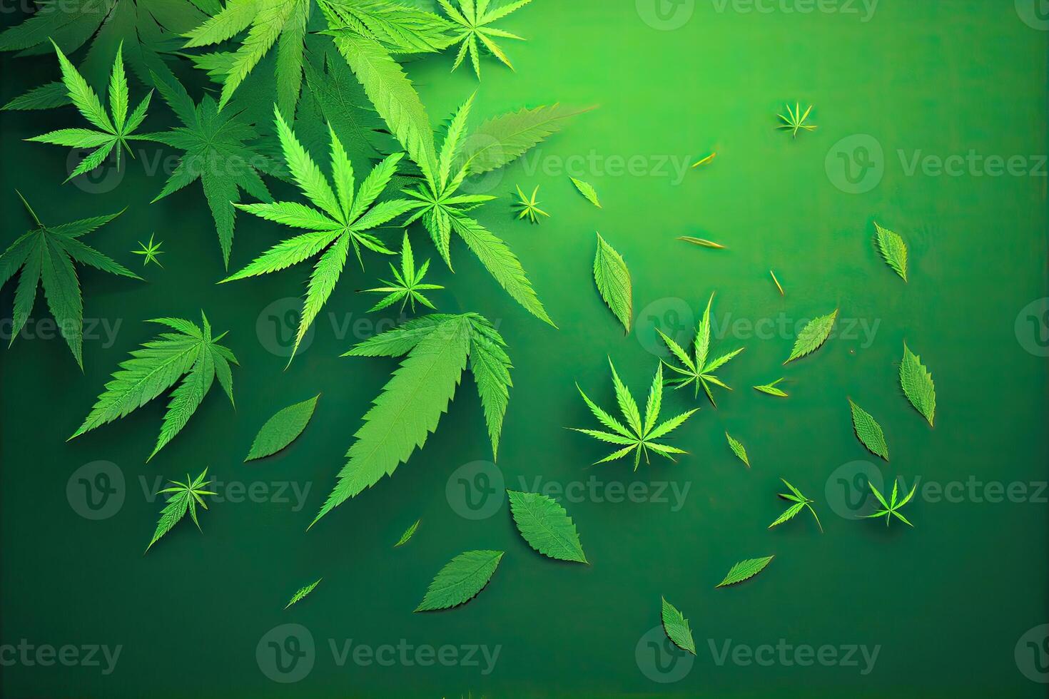 Cannabis or Marijuana background. Realistic illustration of the plant in top view on white background. Cannabis Green abstract background. . photo
