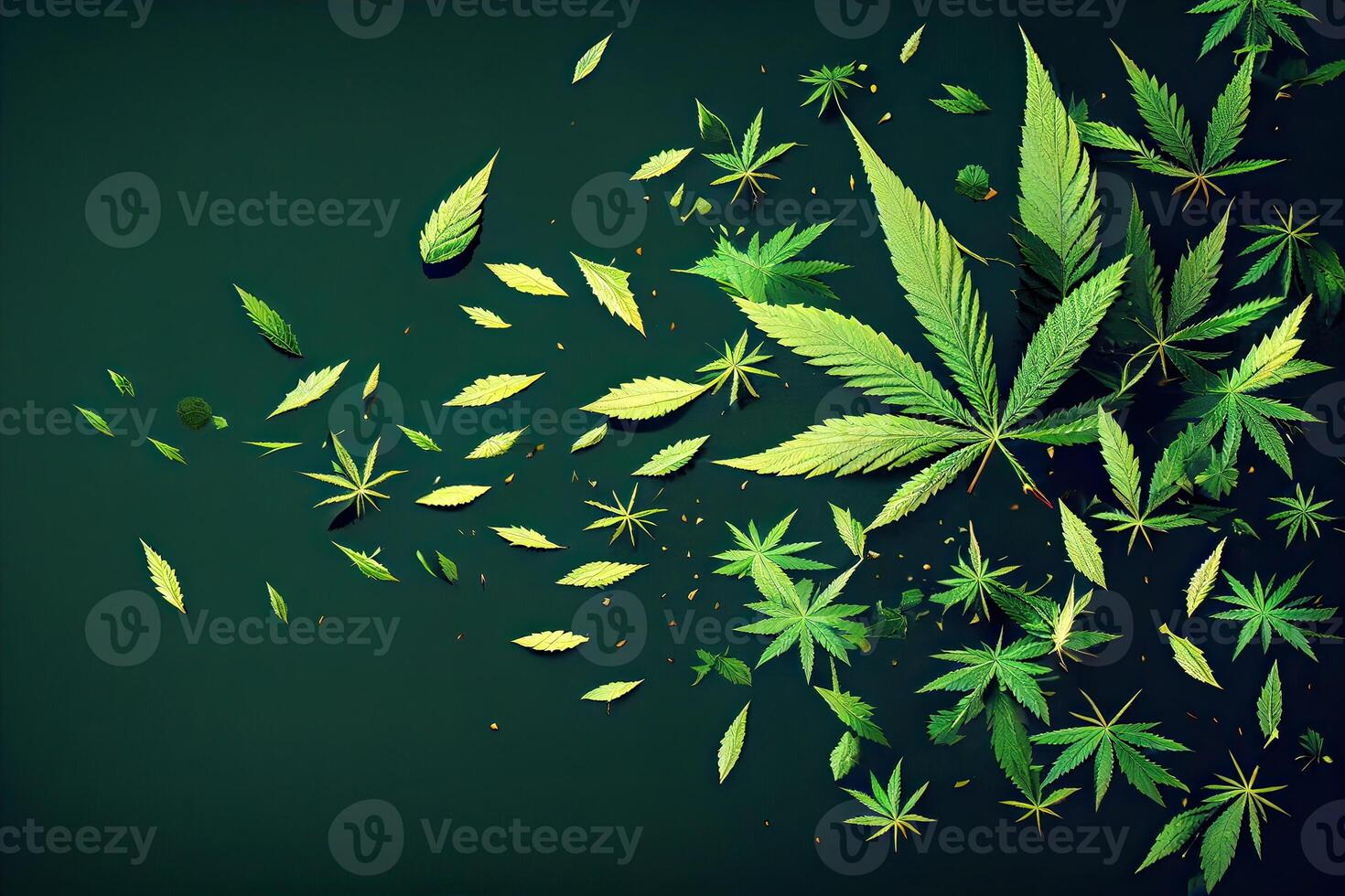 Cannabis or Marijuana background. Realistic illustration of the plant in top view on white background. Cannabis Green abstract background. . photo