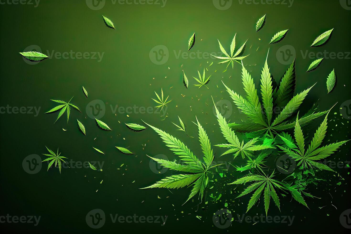 Cannabis or Marijuana background. Realistic illustration of the plant in top view on white background. Cannabis Green abstract background. . photo