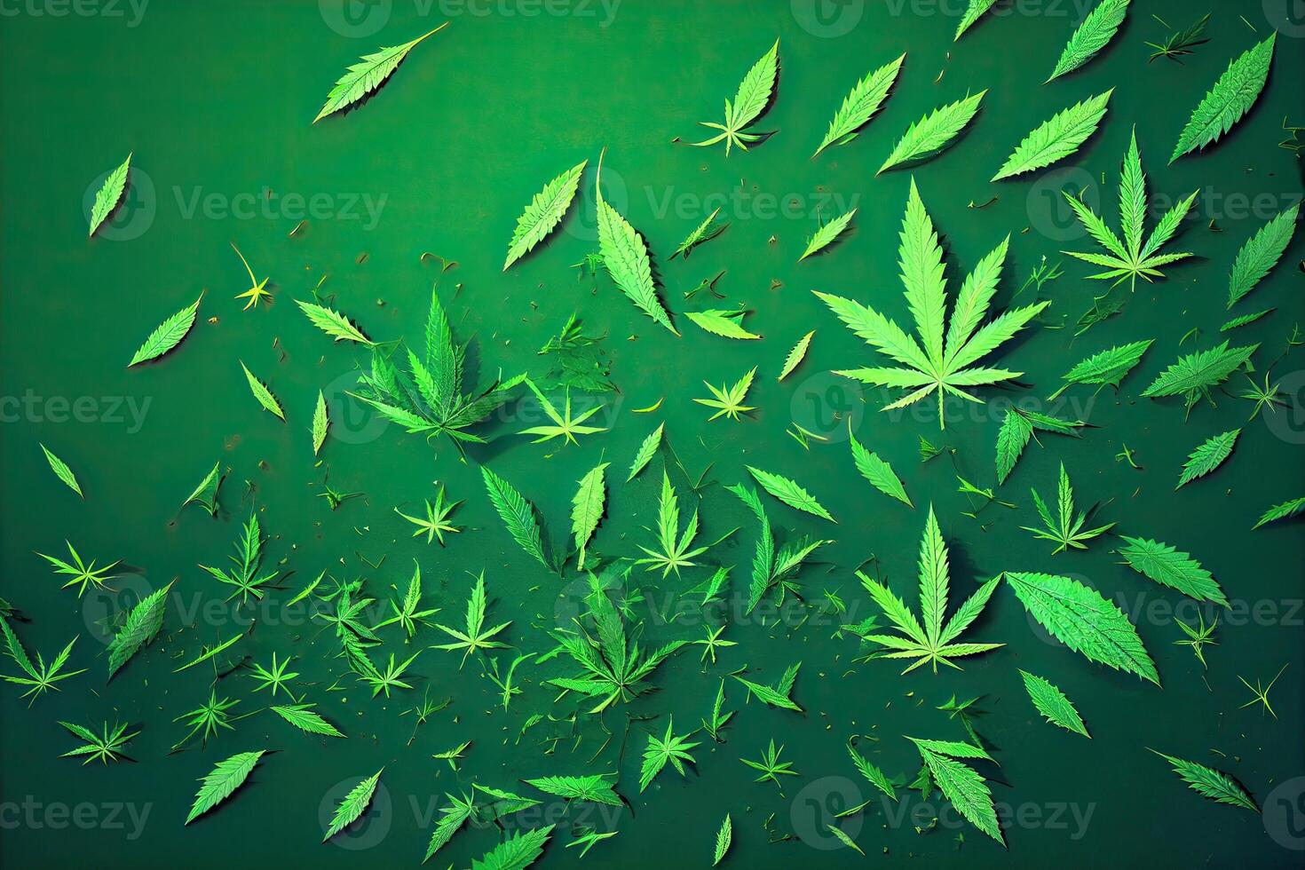 Cannabis or Marijuana background. Realistic illustration of the plant in top view on white background. Cannabis Green abstract background. . photo