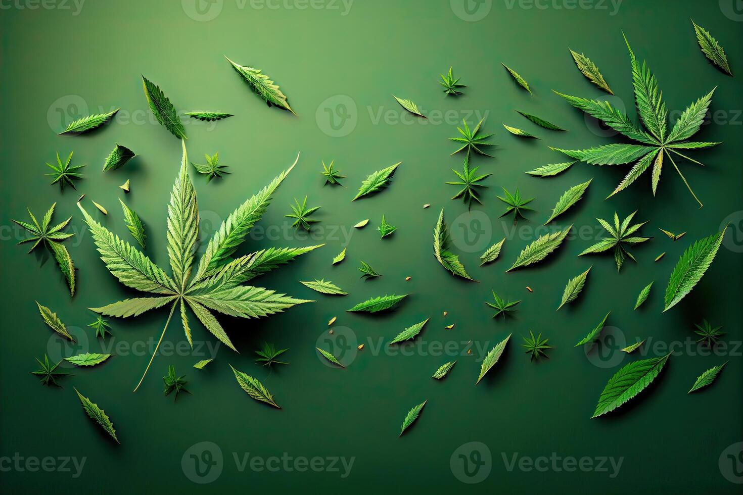 Cannabis or Marijuana background. Realistic illustration of the plant in top view on white background. Cannabis Green abstract background. . photo