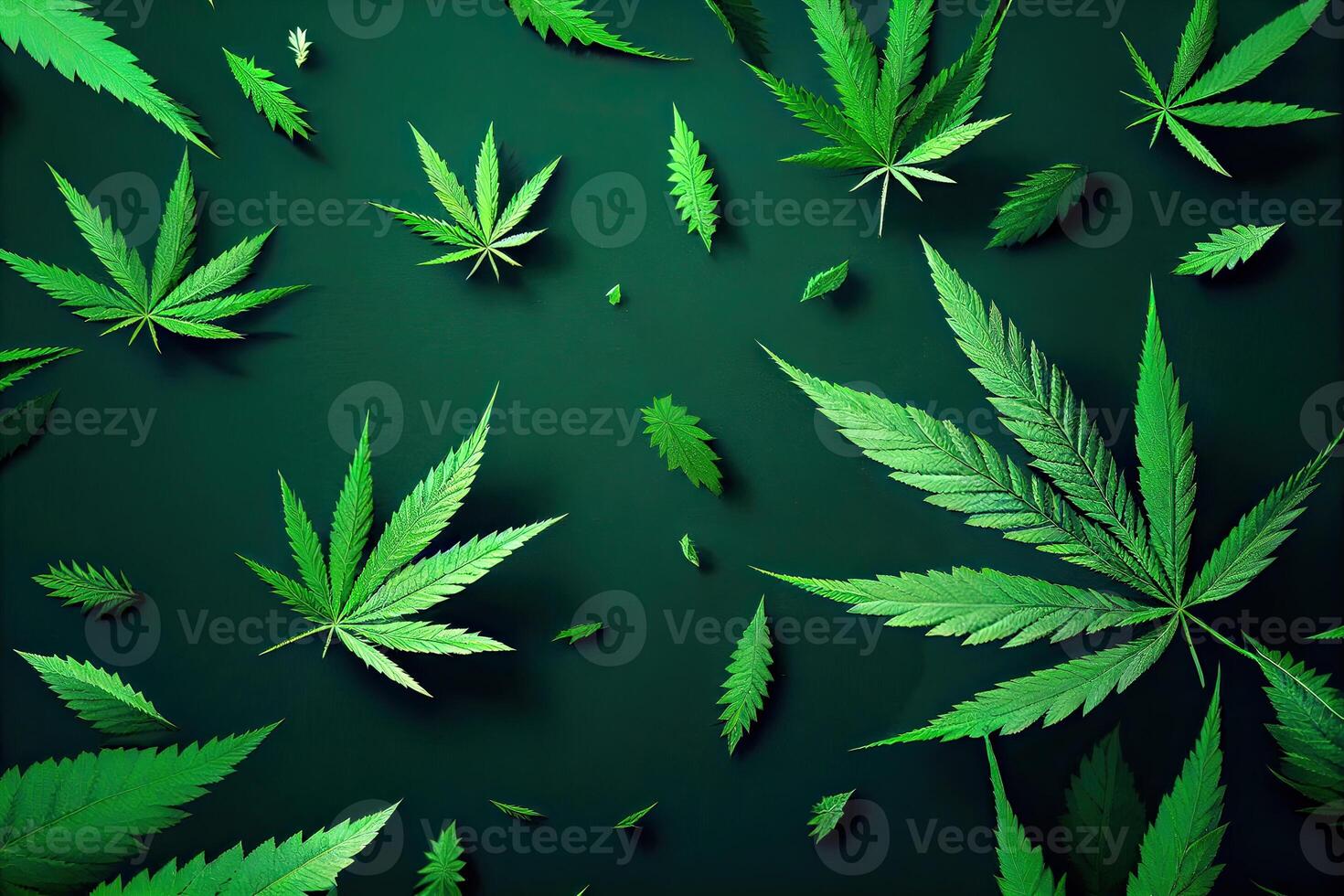 Cannabis or Marijuana background. Realistic illustration of the plant in top view on white background. Cannabis Green abstract background. . photo