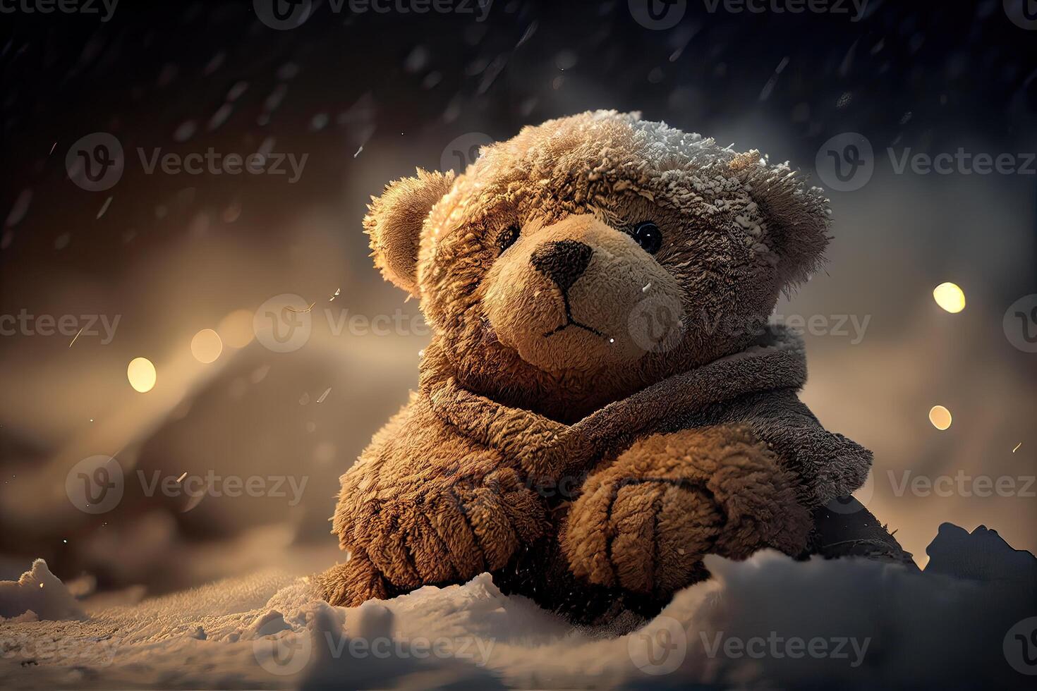 The toy bear was left in the winter at the children's playground. A cute brown bear sitting alone on the snow during winter time. photo