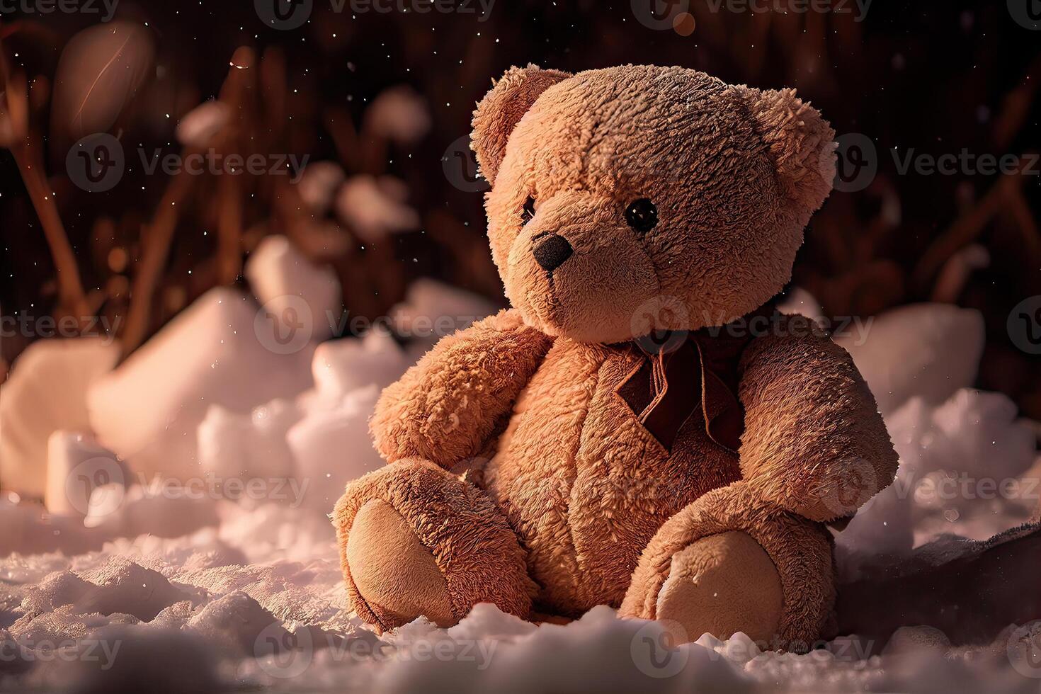 The toy bear was left in the winter at the children's playground. A cute brown bear sitting alone on the snow during winter time. photo