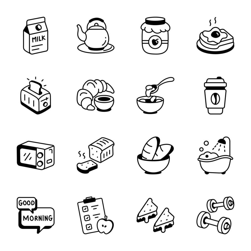 Modern Set of Breakfast Food Hand Drawn Icons vector