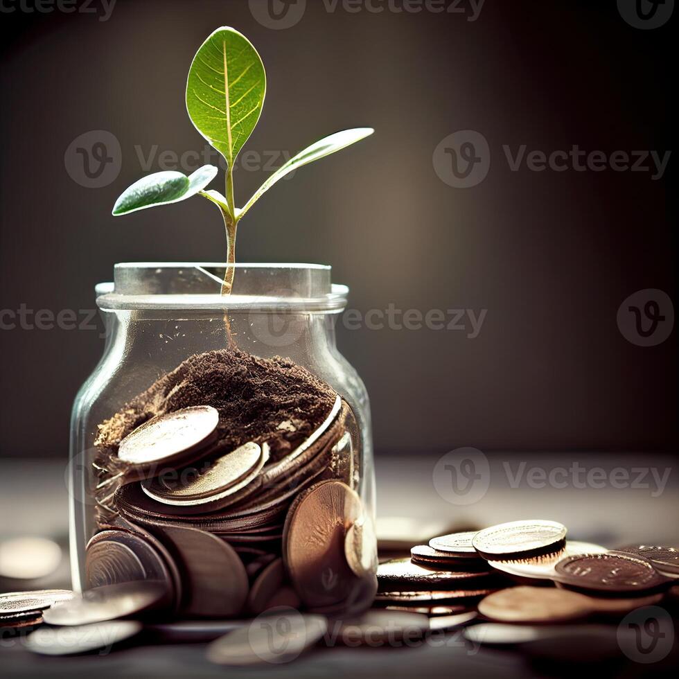 money for business investment finance and banking concept. green plant leaves growth up on row of saving coin stack on wood table. photo