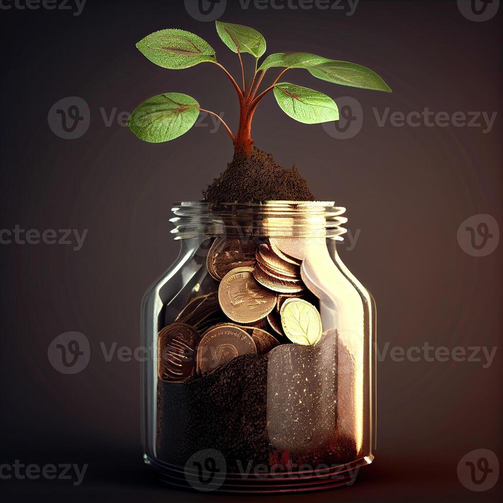 money for business investment finance and banking concept. green plant leaves growth up on row of saving coin stack on wood table. photo