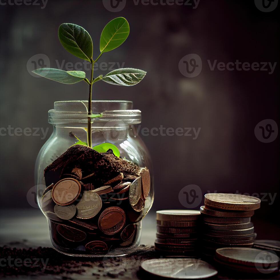 dinero para negocio inversión Finanzas y bancario concepto. verde planta hojas crecimiento arriba en fila de ahorro moneda apilar en madera mesa. generativo ai foto