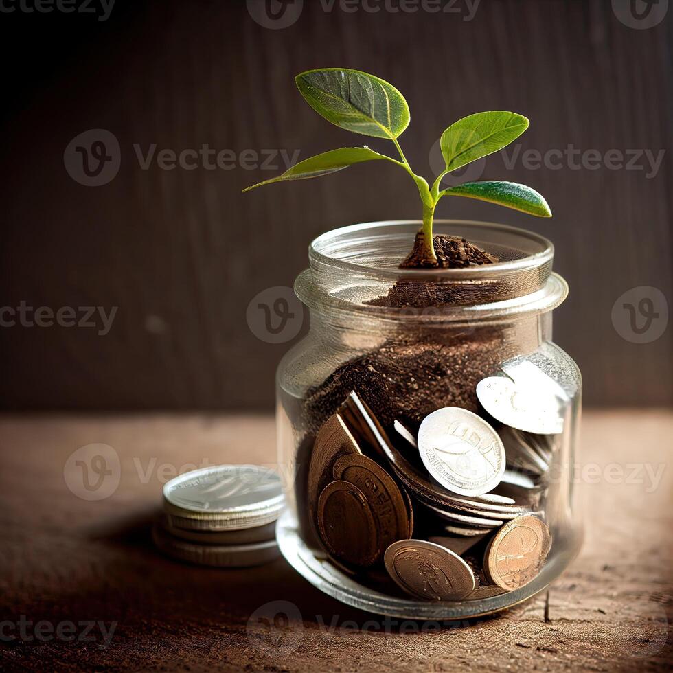 money for business investment finance and banking concept. green plant leaves growth up on row of saving coin stack on wood table. photo