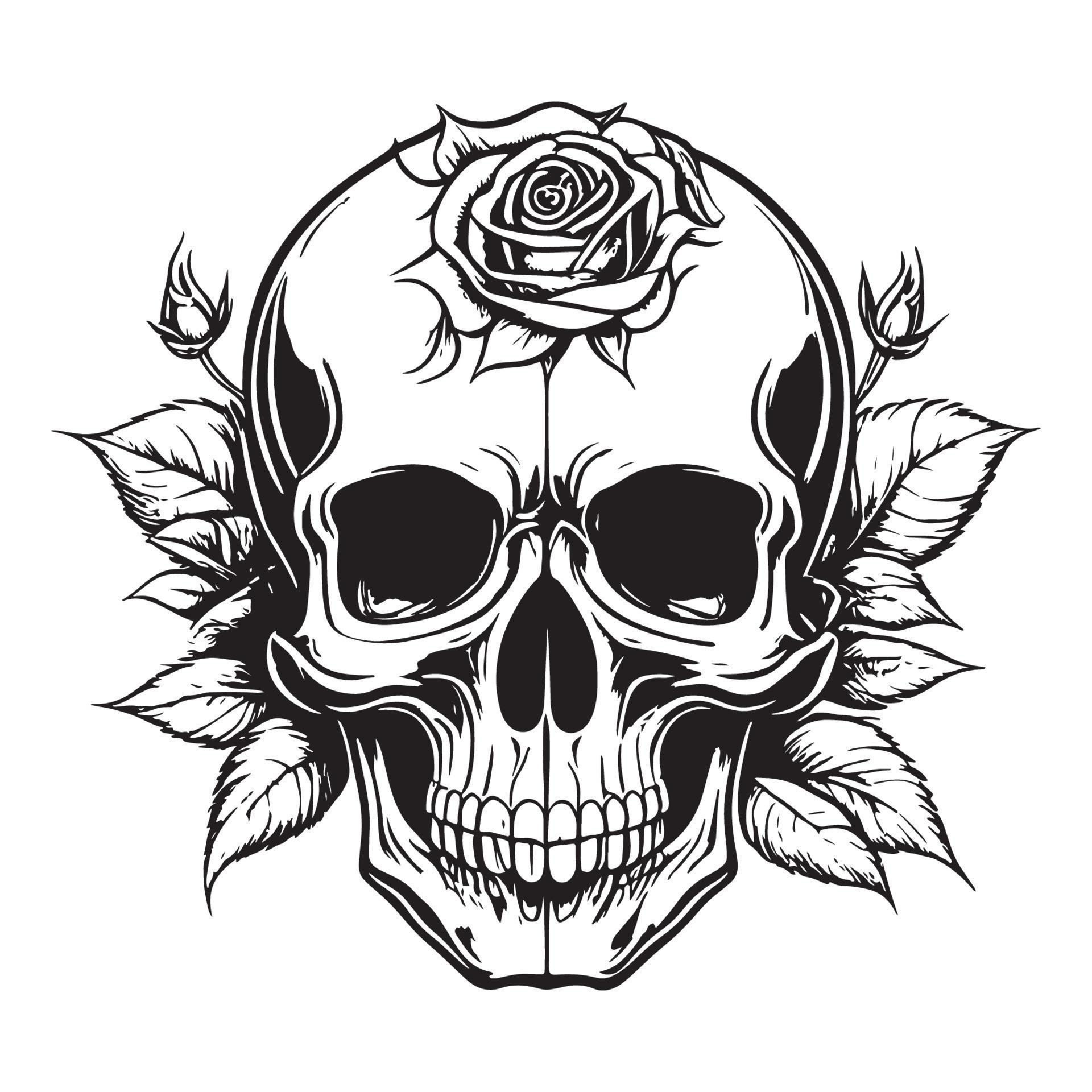 Skull With Rose Flower Black Outline Vector. Human skull with rose ...