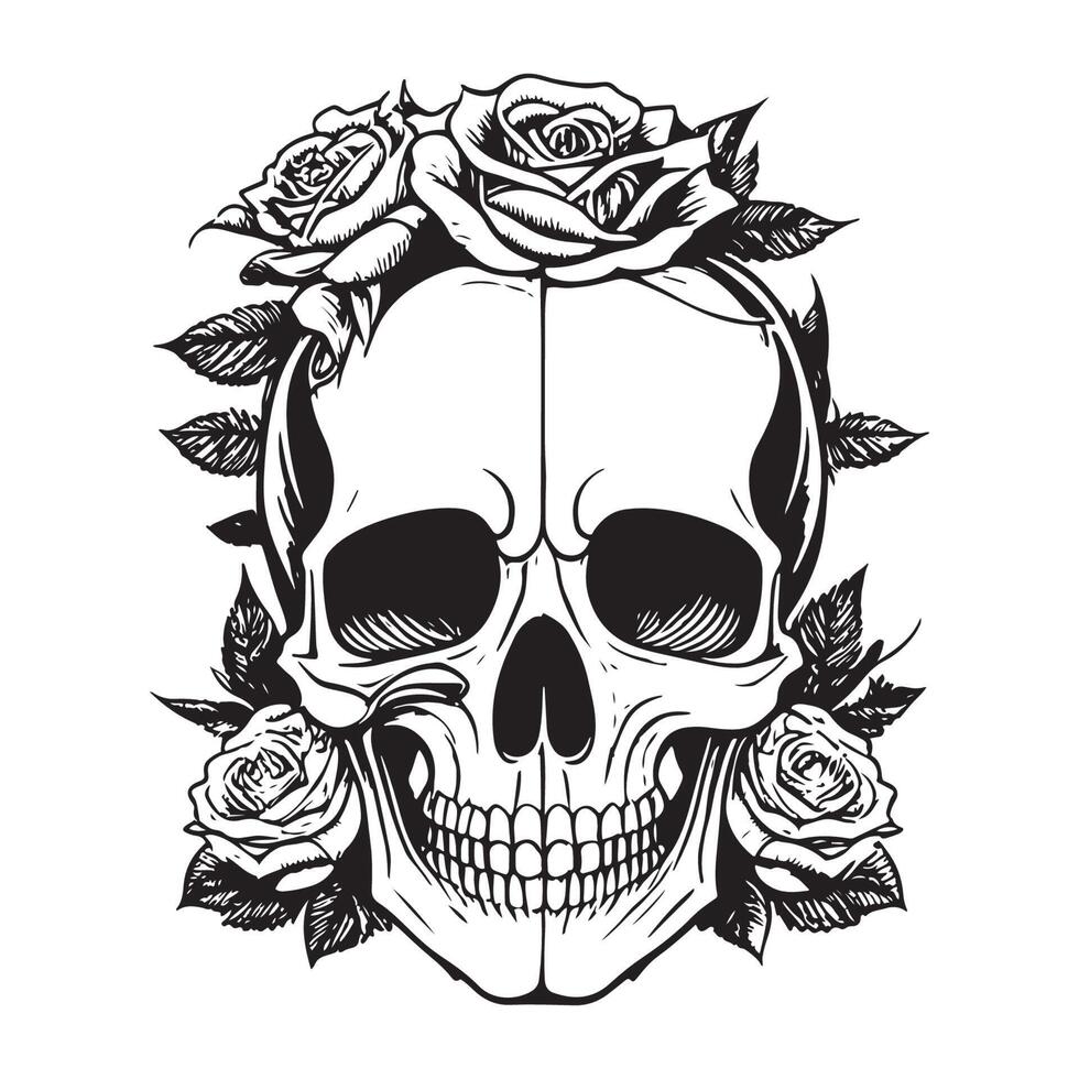 Skull With Rose Flower Black Outline Vector. Human skull with rose ...