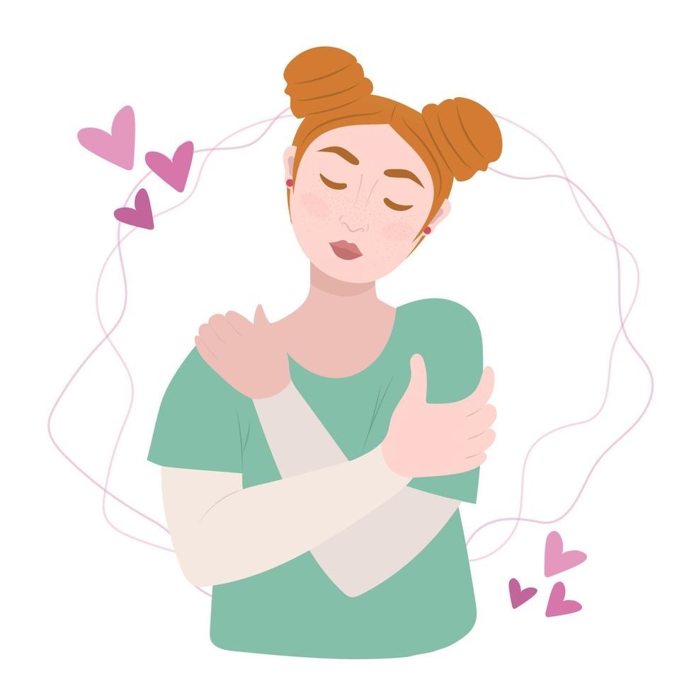 Premium Vector  Happy young woman hugging herself with enjoying emotions  isolated vector flat cartoon illustration