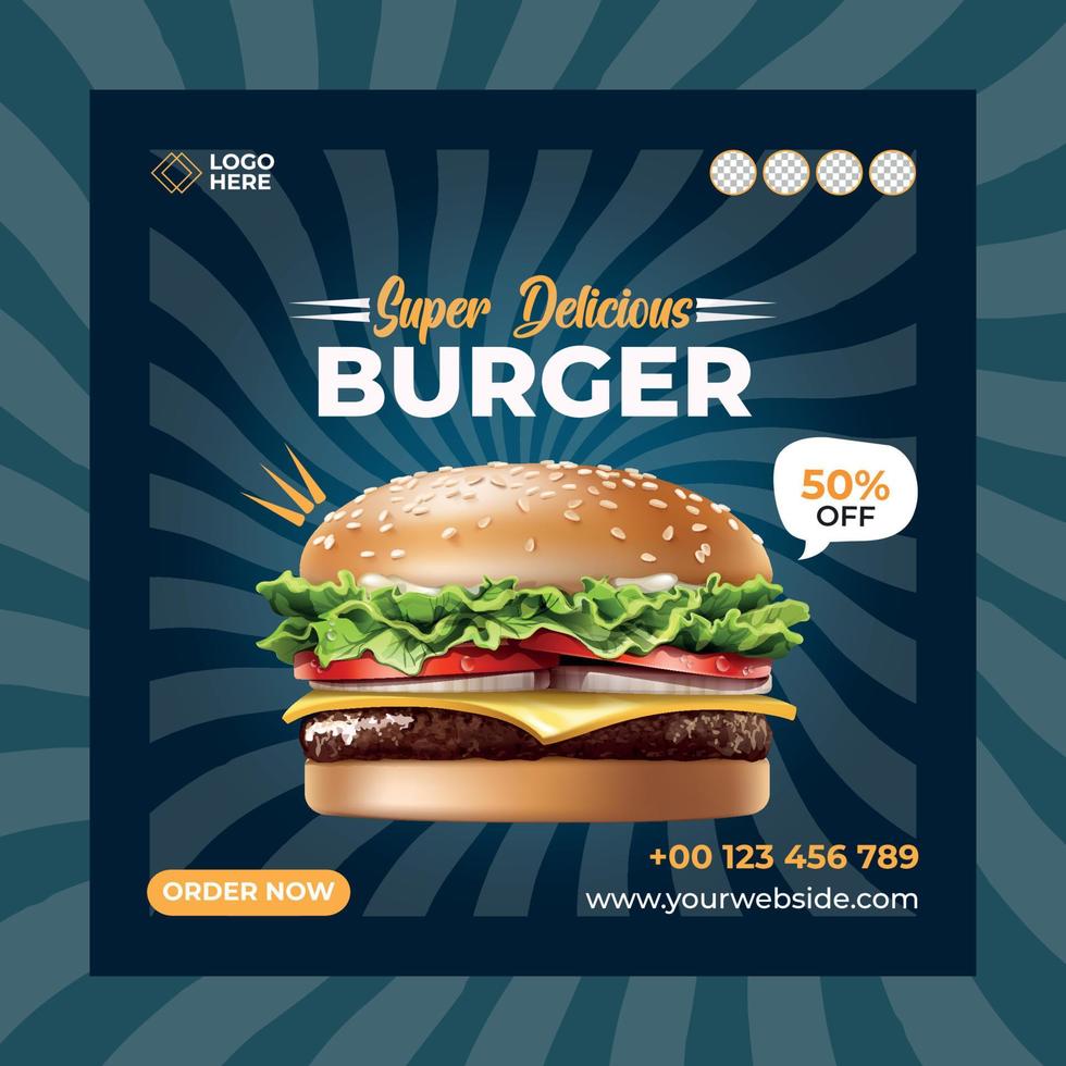 Super Delicious Burger- social media post template. Suitable for social media posts and web or internet ads. Vector illustration with Photo College.