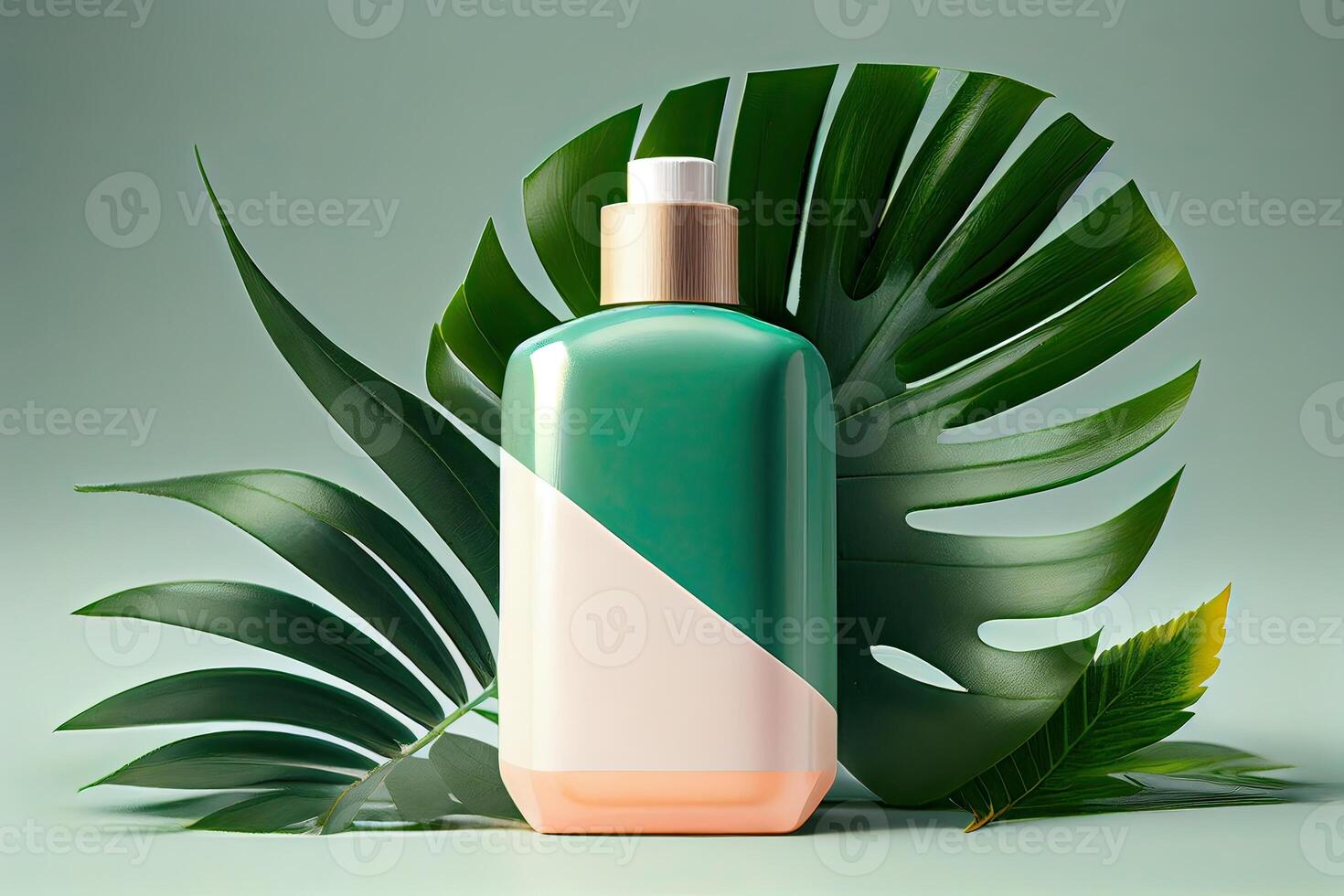 Minimal abstract cosmetic background for product presentation. Cosmetic bottle podium and green palm leaf background. 3d render illustration. . photo