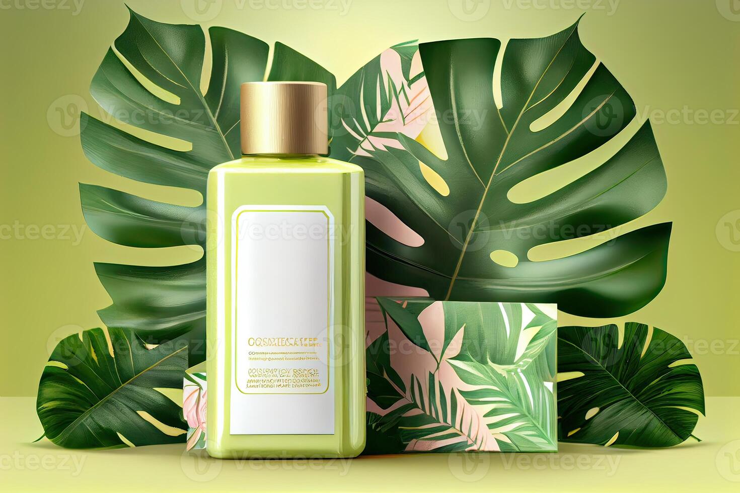 Minimal abstract cosmetic background for product presentation. Cosmetic bottle podium and green palm leaf background. 3d render illustration. . photo