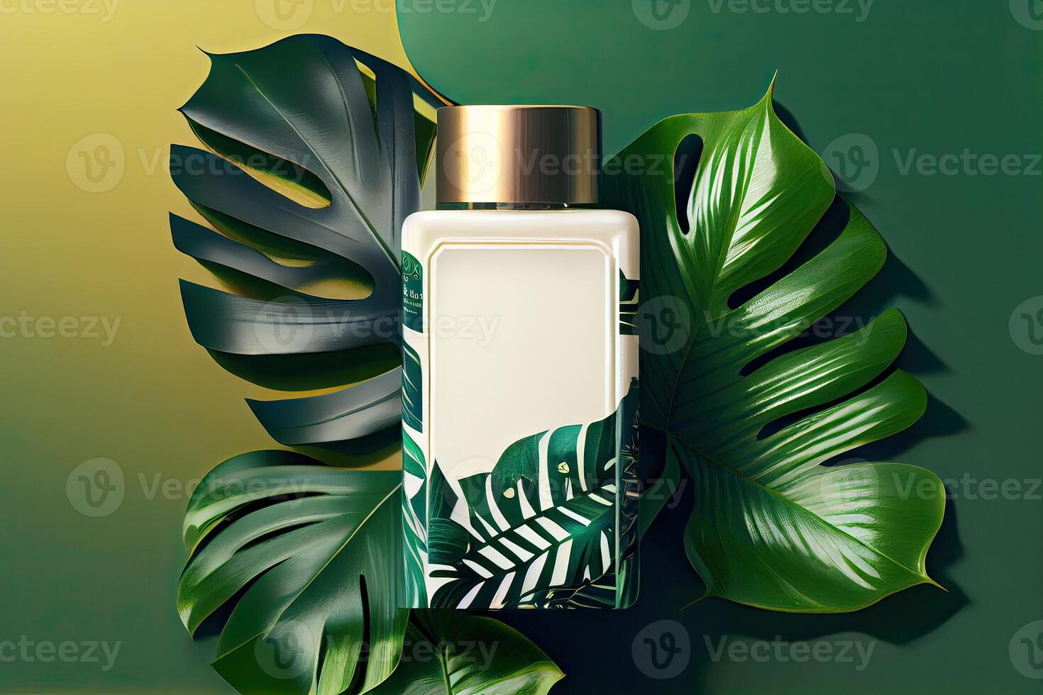 Minimal abstract cosmetic background for product presentation. Cosmetic bottle podium and green palm leaf background. 3d render illustration. . photo