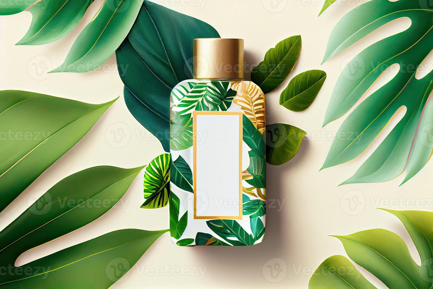 Minimal abstract cosmetic background for product presentation. Cosmetic bottle podium and green palm leaf background. 3d render illustration. . photo