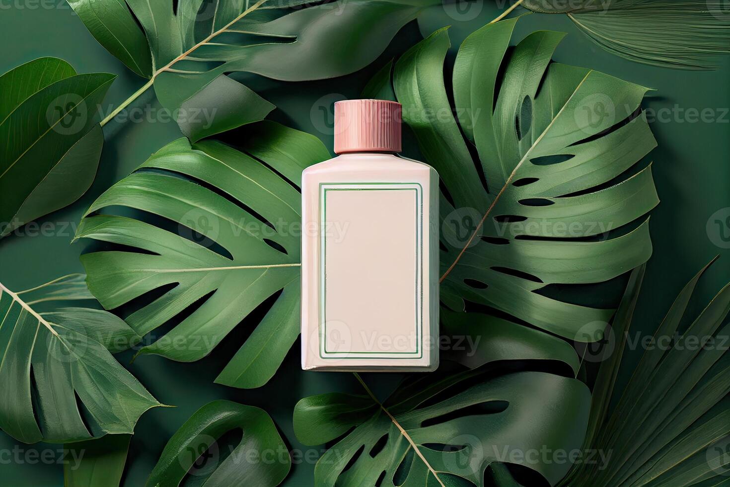 Minimal abstract cosmetic background for product presentation. Cosmetic bottle podium and green palm leaf background. 3d render illustration. . photo