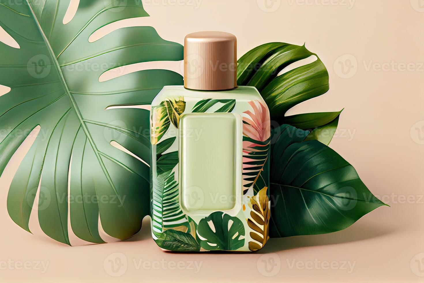 Minimal abstract cosmetic background for product presentation. Cosmetic bottle podium and green palm leaf background. 3d render illustration. . photo