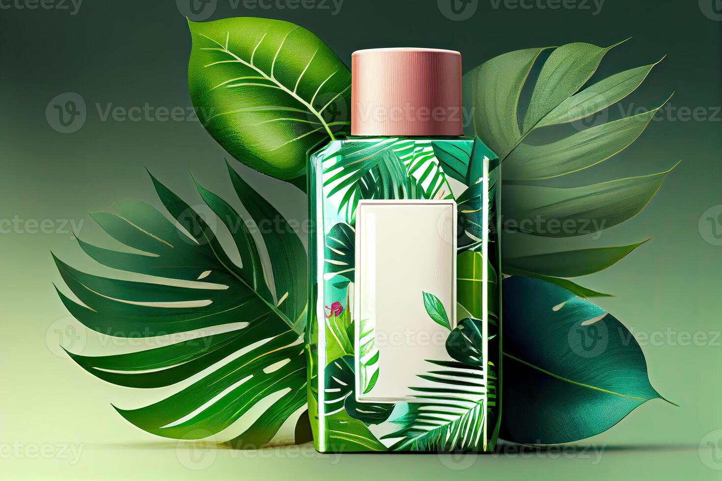 Minimal abstract cosmetic background for product presentation. Cosmetic bottle podium and green palm leaf background. 3d render illustration. . photo