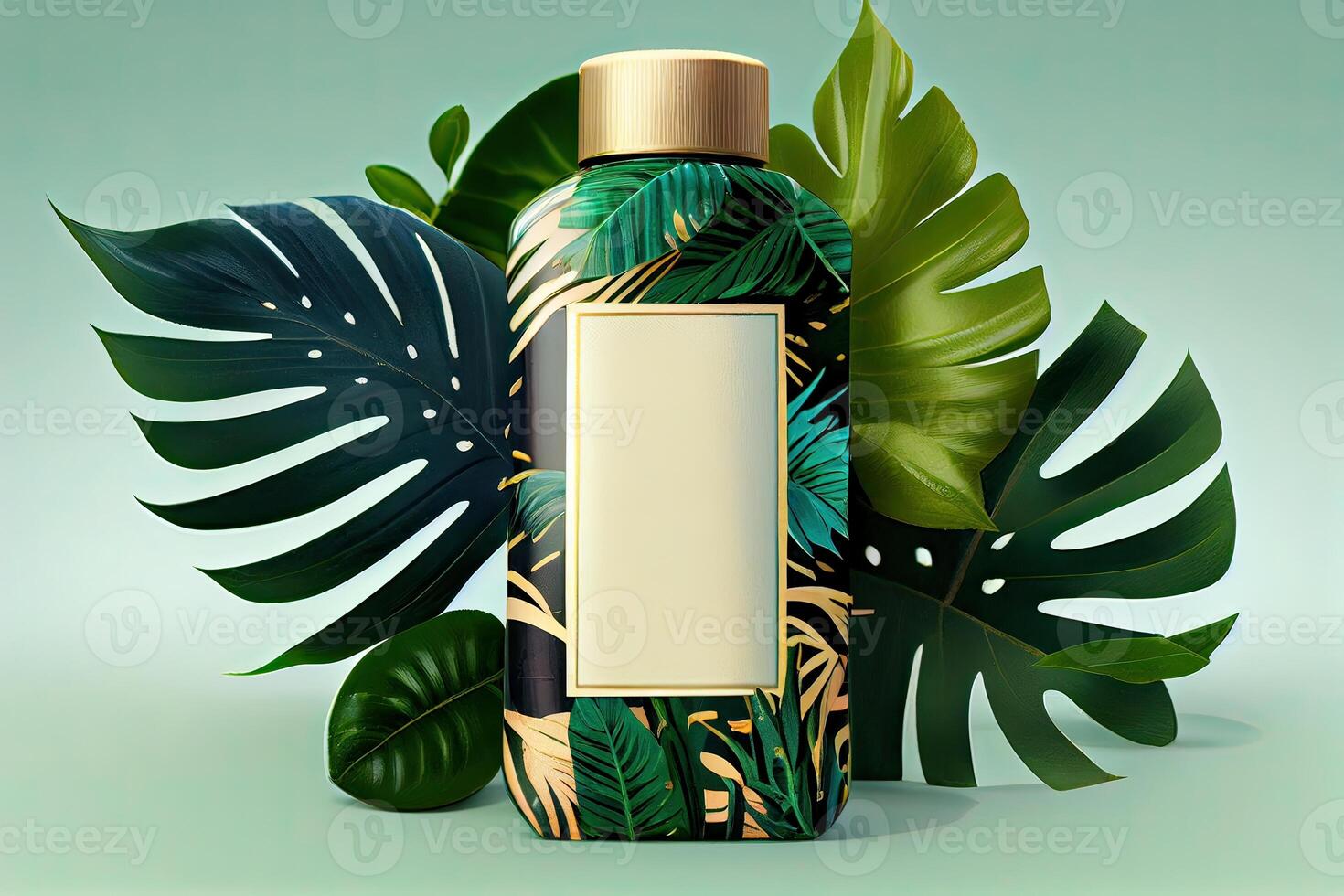 Minimal abstract cosmetic background for product presentation. Cosmetic bottle podium and green palm leaf background. 3d render illustration. . photo