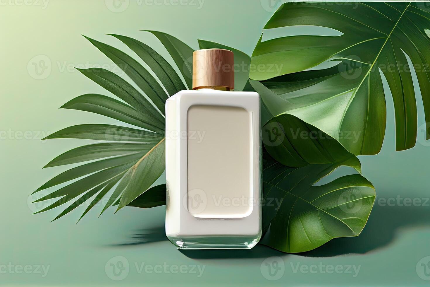 Minimal abstract cosmetic background for product presentation. Cosmetic bottle podium and green palm leaf background. 3d render illustration. . photo