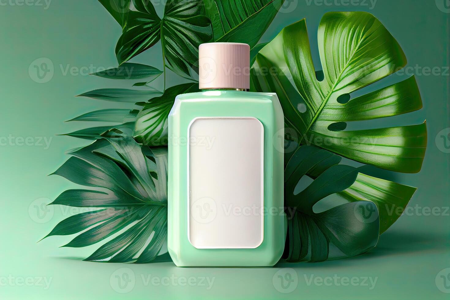 Minimal abstract cosmetic background for product presentation. Cosmetic bottle podium and green palm leaf background. 3d render illustration. . photo