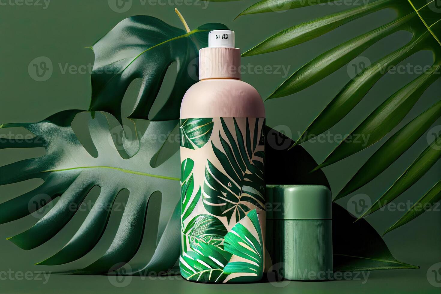 Minimal abstract cosmetic background for product presentation. Cosmetic bottle podium and green palm leaf background. 3d render illustration. . photo