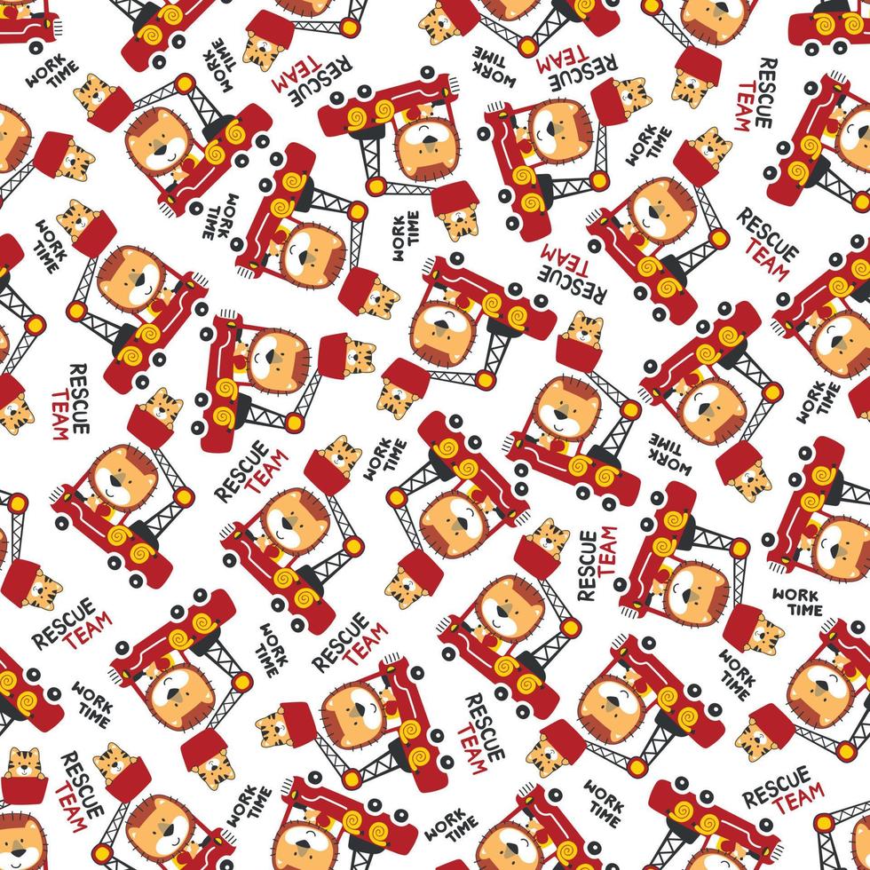 Seamless pattern of fire fighter car with bear fire fighter animal cartoon. Creative vector childish background for fabric, textile, nursery wallpaper, card, poster and other decoration.