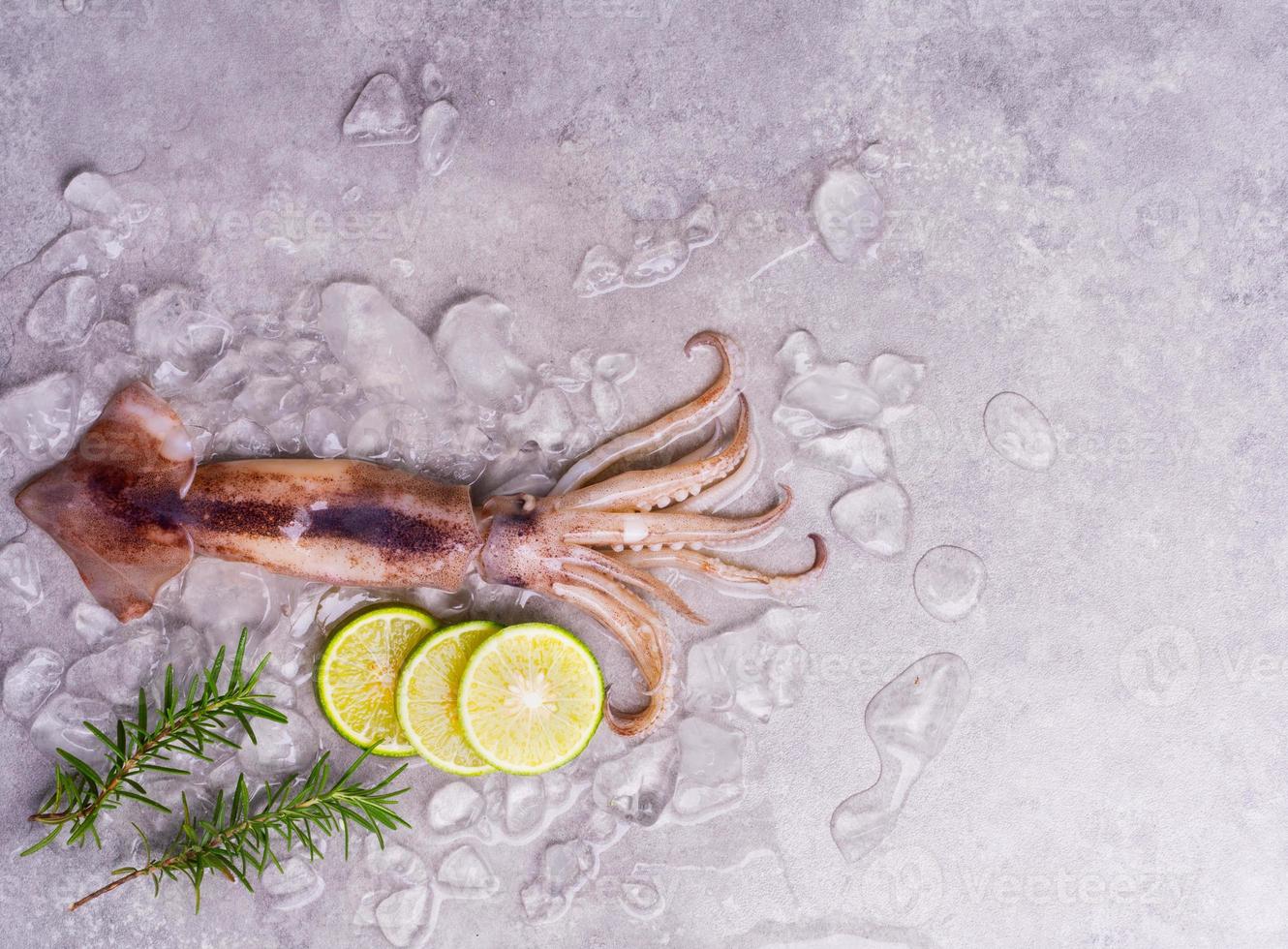 Raw squid on ice with lemon garlic spice salad on black wooden table background, fresh squid for cooked food at a kitchen restaurant or seafood market photo