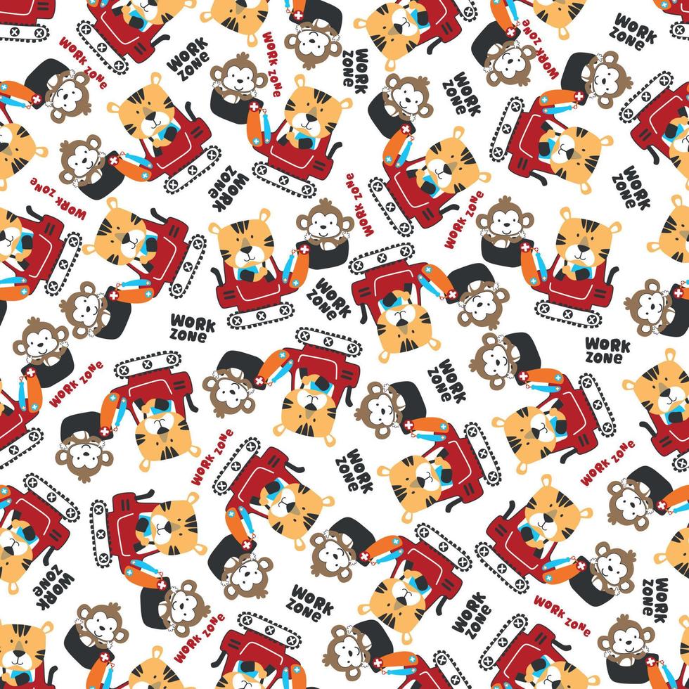 Seamless pattern of Cute little animal on excavator. Can be used for t-shirt print, kids wear fashion design, print for t-shirts, baby clothes, poster. and other decoration. vector