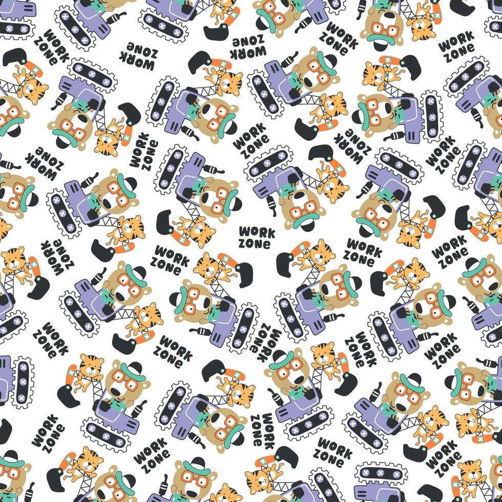 Seamless pattern of Cute little animal on excavator. Can be used for t-shirt print, kids wear fashion design, print for t-shirts, baby clothes, poster. and other decoration. vector