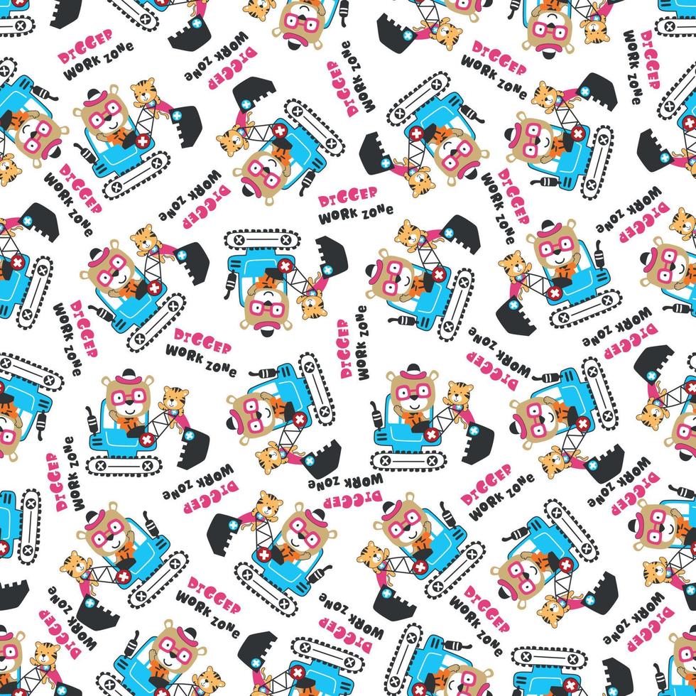 Seamless pattern of Cute little animal on excavator. Can be used for t-shirt print, kids wear fashion design, print for t-shirts, baby clothes, poster. and other decoration. vector