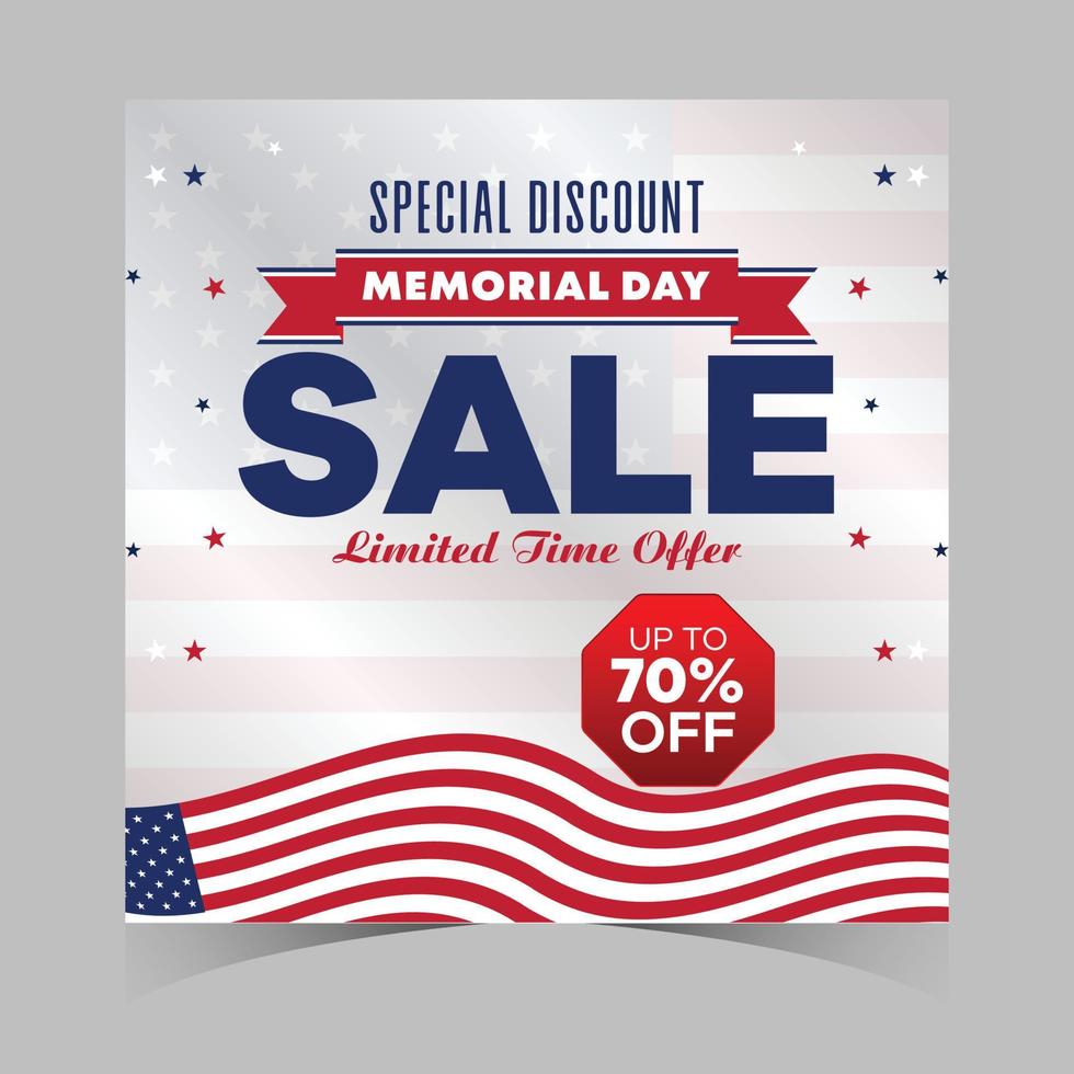 memorial day sale web banner. happy memorial day holiday sale post. memorial day weekend sale banner. Memorial Day social media promotion template design of USA national flag colors vector