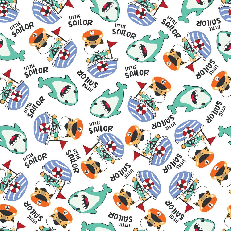 Seamless pattern with cute little animal the sailor, Cute Marine pattern for fabric, baby clothes, background, textile, wrapping paper and other decoration vector