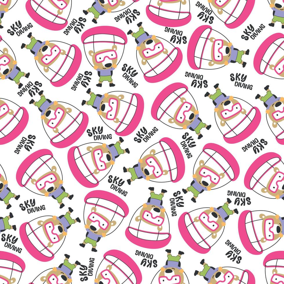 Seamless vector pattern with cute little animal skydiver, Design concept for kids textile print, nursery wallpaper, wrapping paper. Cute funny background.