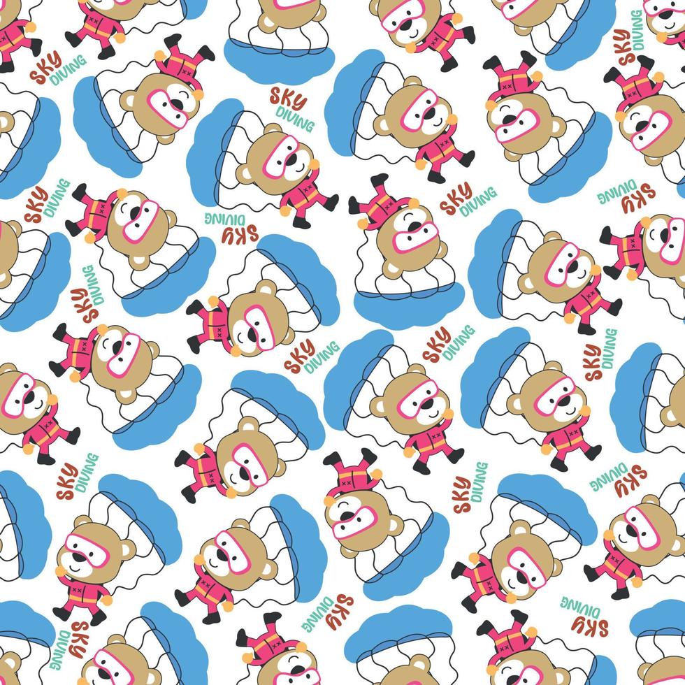 Seamless vector pattern with cute little animal skydiver, Design concept for kids textile print, nursery wallpaper, wrapping paper. Cute funny background.