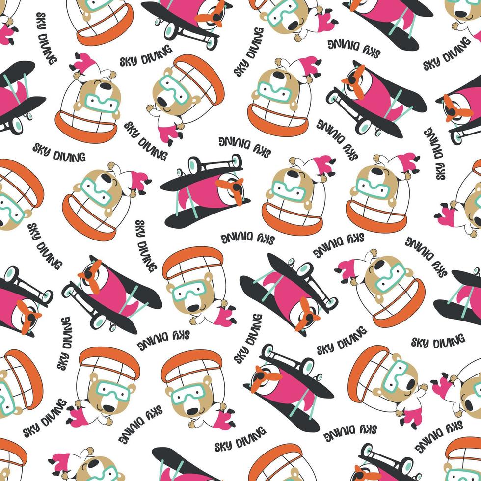 Seamless vector pattern with cute little animal skydiver, Design concept for kids textile print, nursery wallpaper, wrapping paper. Cute funny background.