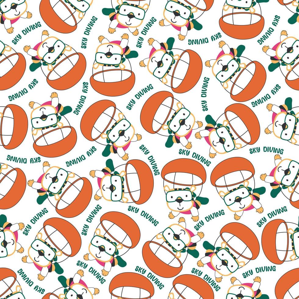 Seamless vector pattern with cute little animal skydiver, Design concept for kids textile print, nursery wallpaper, wrapping paper. Cute funny background.