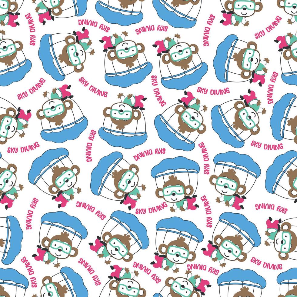 Seamless vector pattern with cute little animal skydiver, Design concept for kids textile print, nursery wallpaper, wrapping paper. Cute funny background.