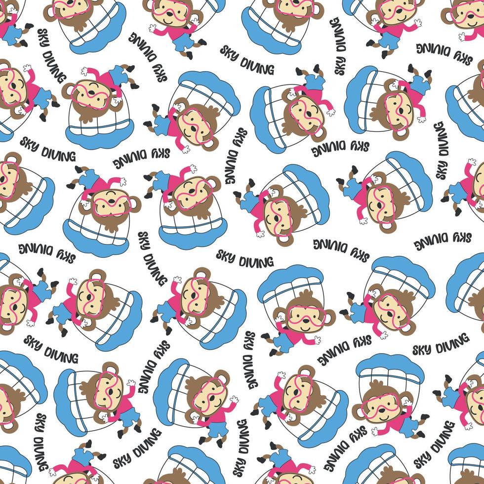 Seamless vector pattern with cute little animal skydiver, Design concept for kids textile print, nursery wallpaper, wrapping paper. Cute funny background.