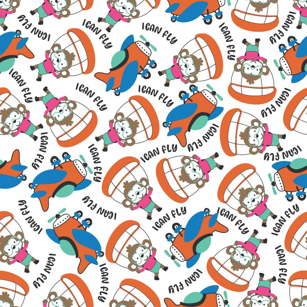 Seamless vector pattern with cute little animal skydiver, Design concept for kids textile print, nursery wallpaper, wrapping paper. Cute funny background.