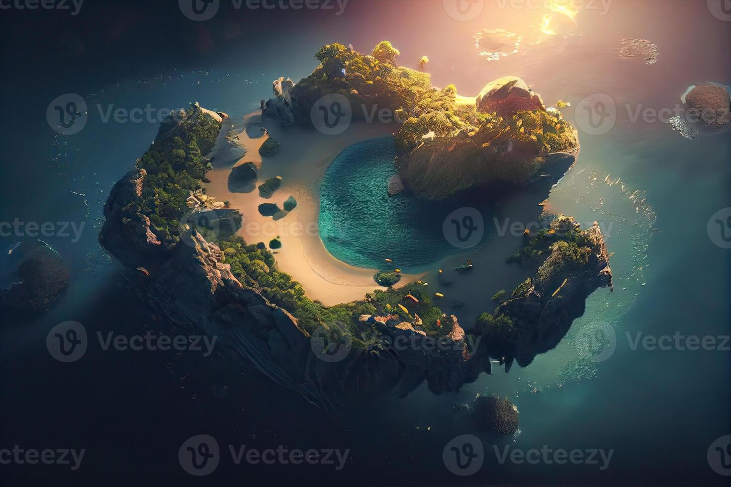 Aerial drone top view photo of small exotic atoll island with deep turquoise and emerald open ocean sea. Drone Photo of Beautiful view of floating island top view.