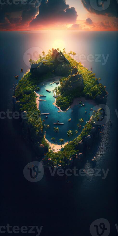 Aerial drone top view photo of small exotic atoll island with deep turquoise and emerald open ocean sea. Drone Photo of Beautiful view of floating island top view.