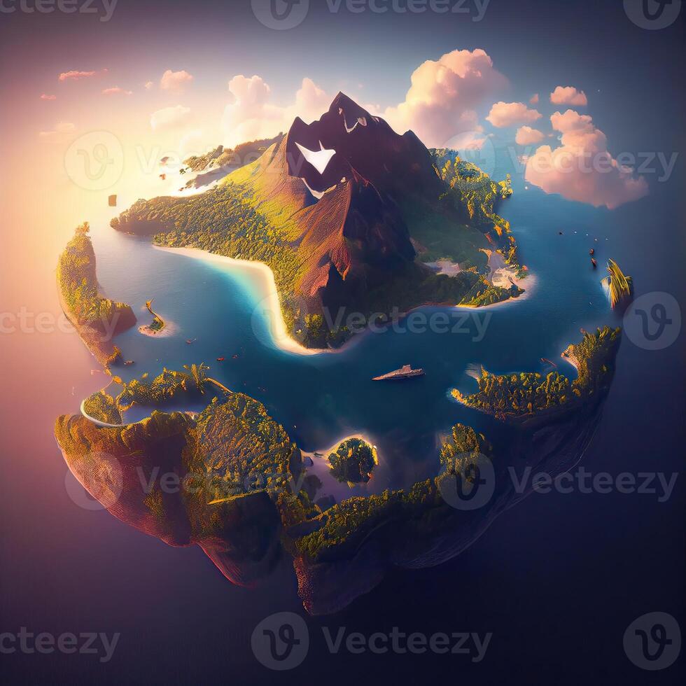 Aerial drone top view photo of small exotic atoll island with deep turquoise and emerald open ocean sea. Drone Photo of Beautiful view of floating island top view.