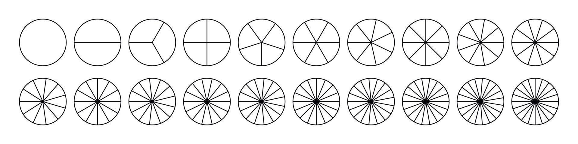 Fractions pie divided for math. Circle pie with pieces. Segment slice set. Simple geometry. Vector isolated illustration