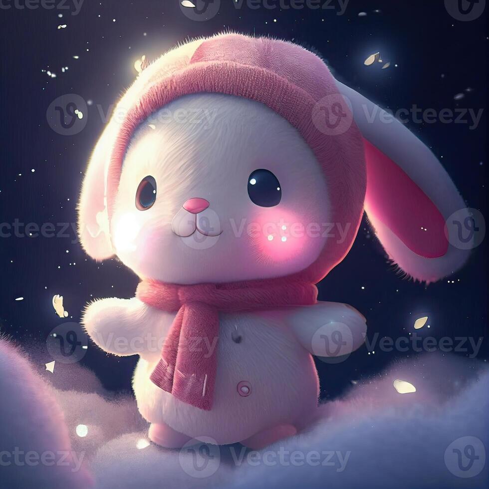 Little cute rabbit with pink wearing red sweater clothes with a hood. Easter bunny pink on blurred background. . photo