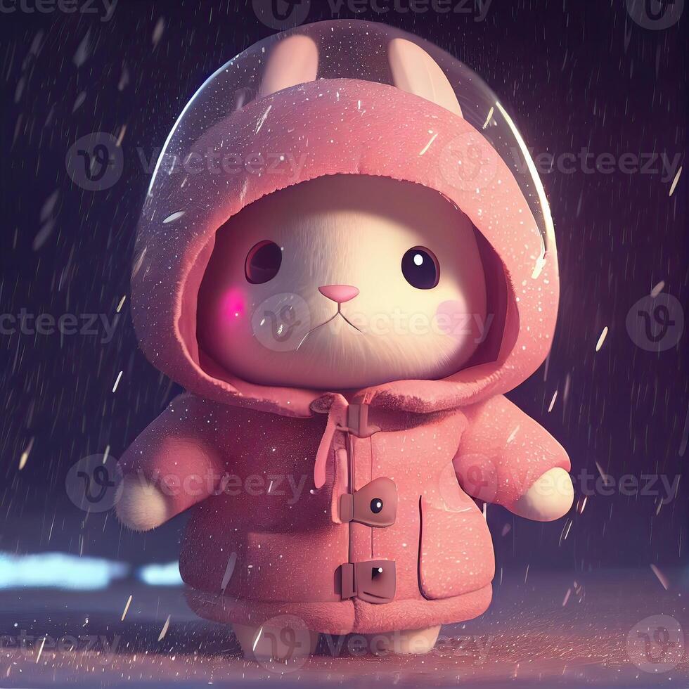 Little cute rabbit with pink wearing red sweater clothes with a hood. Easter bunny pink on blurred background. . photo