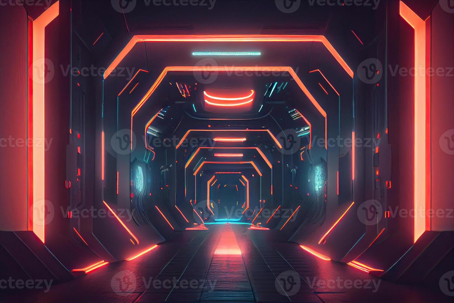 futuristic sci-fi space war ship hangar tunnel corridor with reflective glass windows 3d illustration background wallpaper. photo