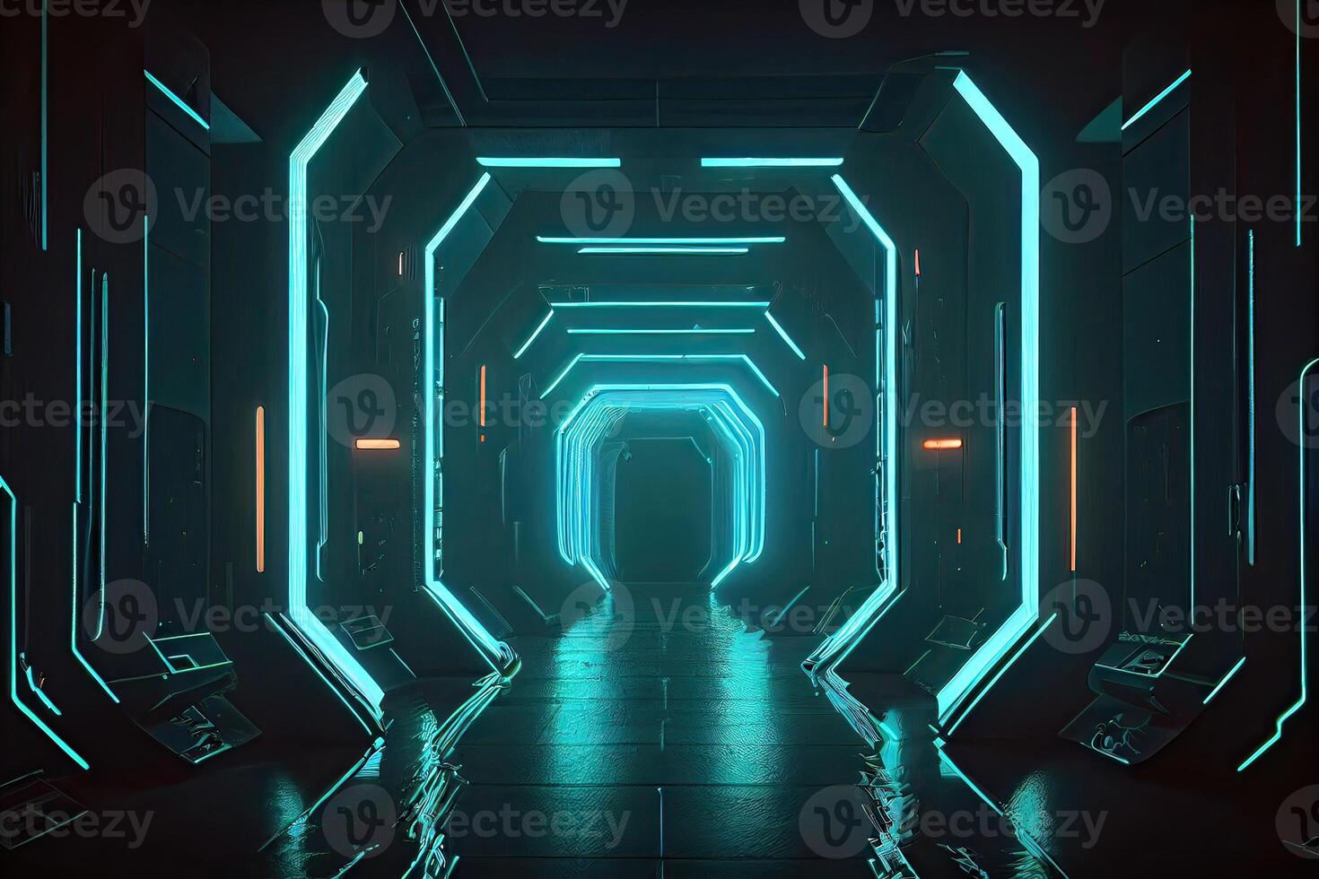 futuristic sci-fi space war ship hangar tunnel corridor with reflective glass windows 3d illustration background wallpaper. photo